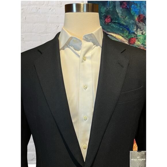 Hickey Freeman 44R Black Birdseye Blazer Brass Tone Buttons Lambswool Cashmere - Picture 4 of 14